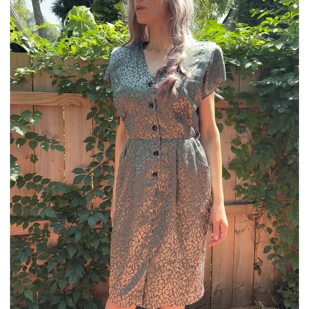 Vintage 80s Metallic Green Jacquard BlousonDress ILGWU Small Fairycore Elven
